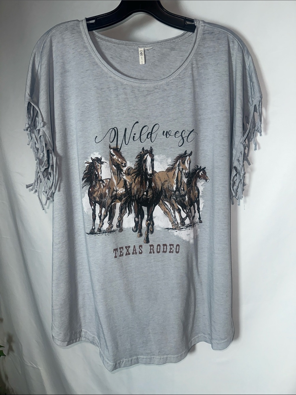 Cato Light Gray Wild West Texas Rodeo Fringe Sleeve Tee with horses
